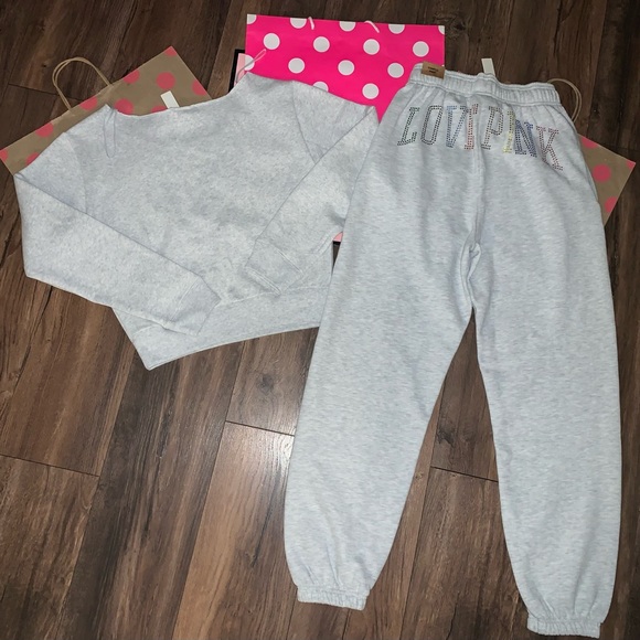 NEW VS PINK Size SMALL Rainbow Rhinestone Bling Set. Campus Pant & Sweatshirt. - Picture 11 of 14